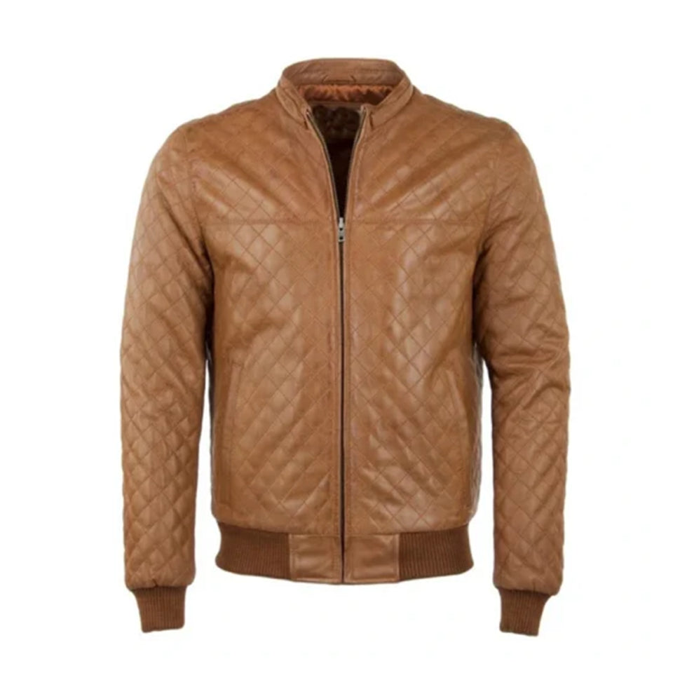 Tan Brown Bomber Quilted Leather Jacket