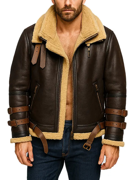 Mens Brown Shearling Leather Aviator Jacket