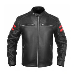 Cafe Racer Red Stripes Black Leather Jacket