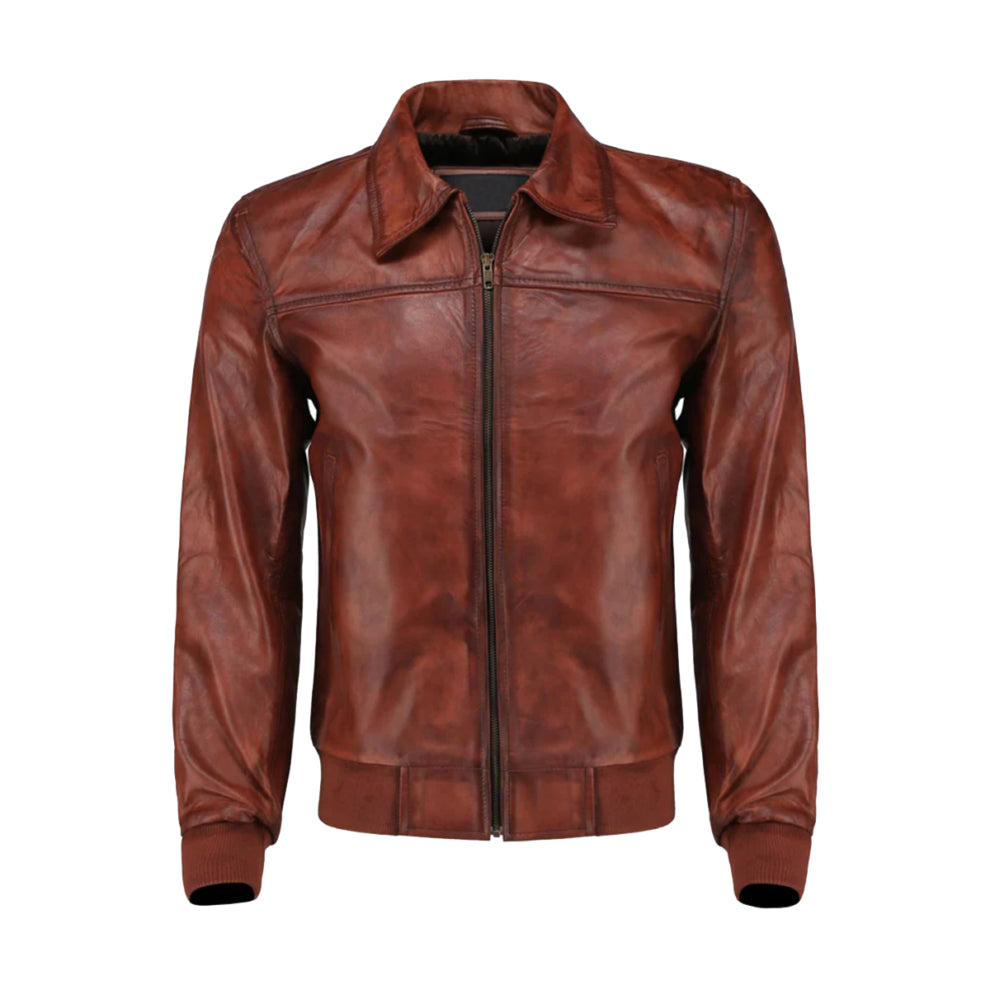 Cognac Brown Shirt Style Bomber Leather Jacket