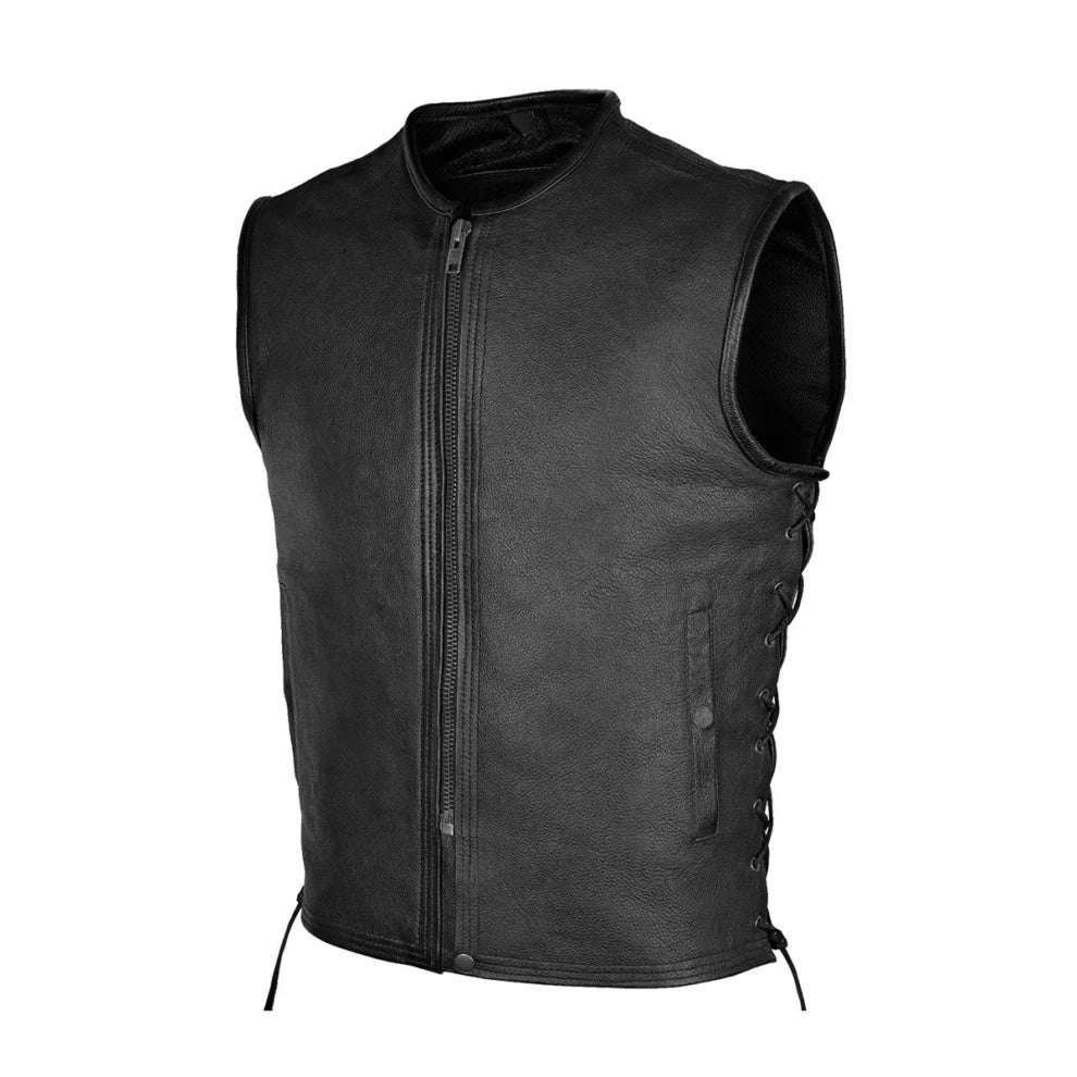 Collarless Black Genuine Leather Vest