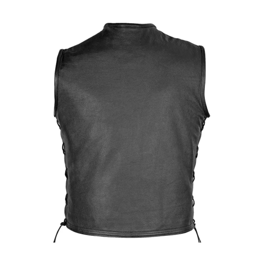 Collarless Black Genuine Leather Vest