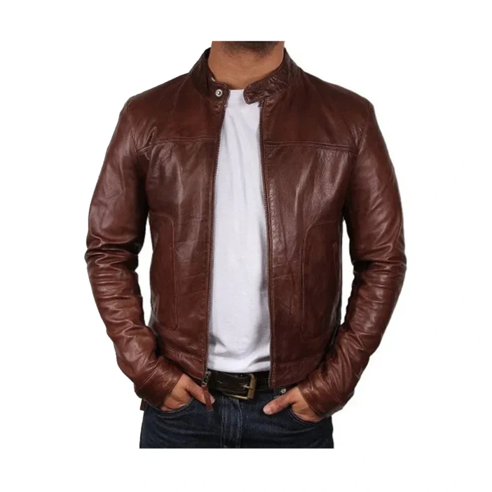 Brown Slim Fit Biker Real Leather Jacket