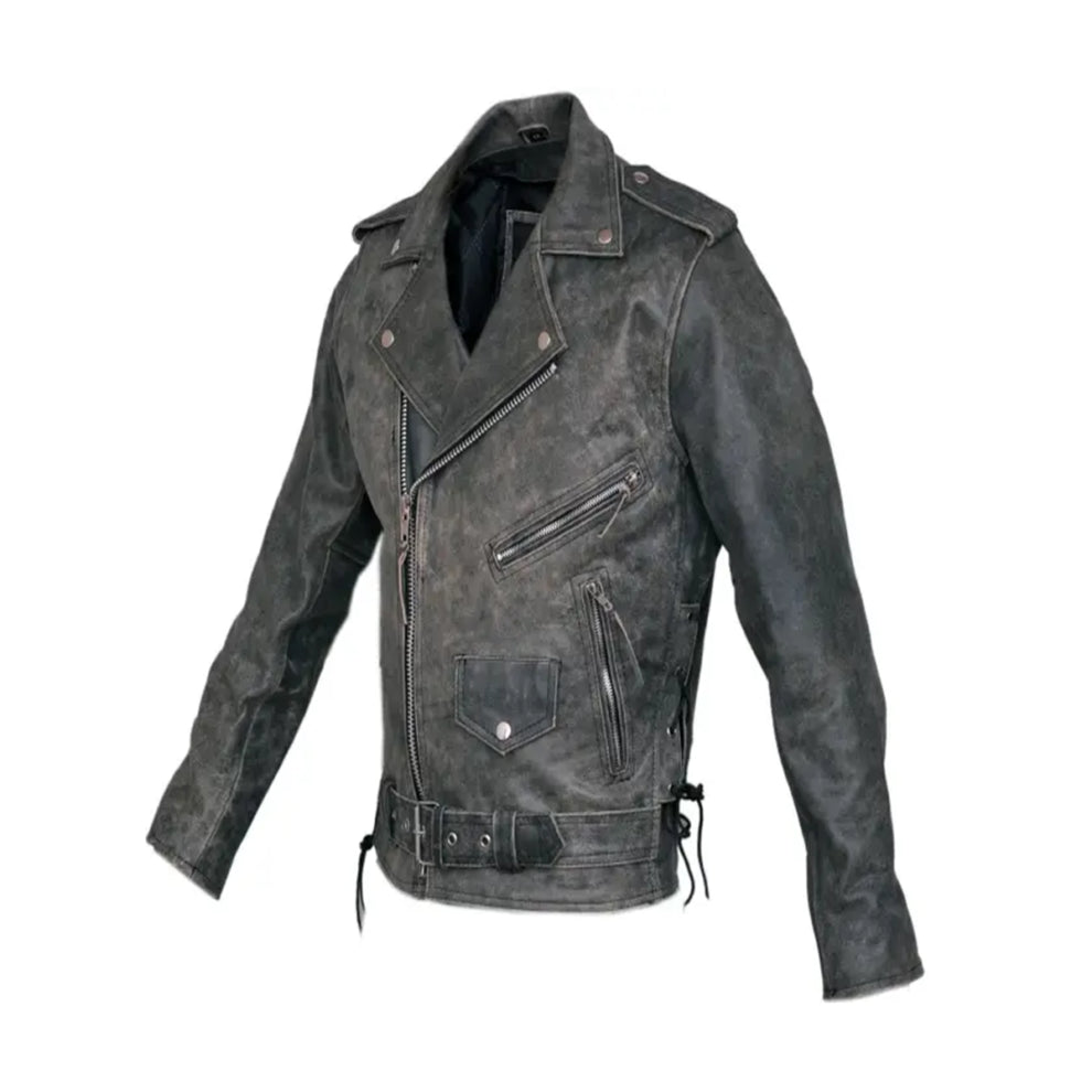 Distressed Leather Belted Biker Jacket