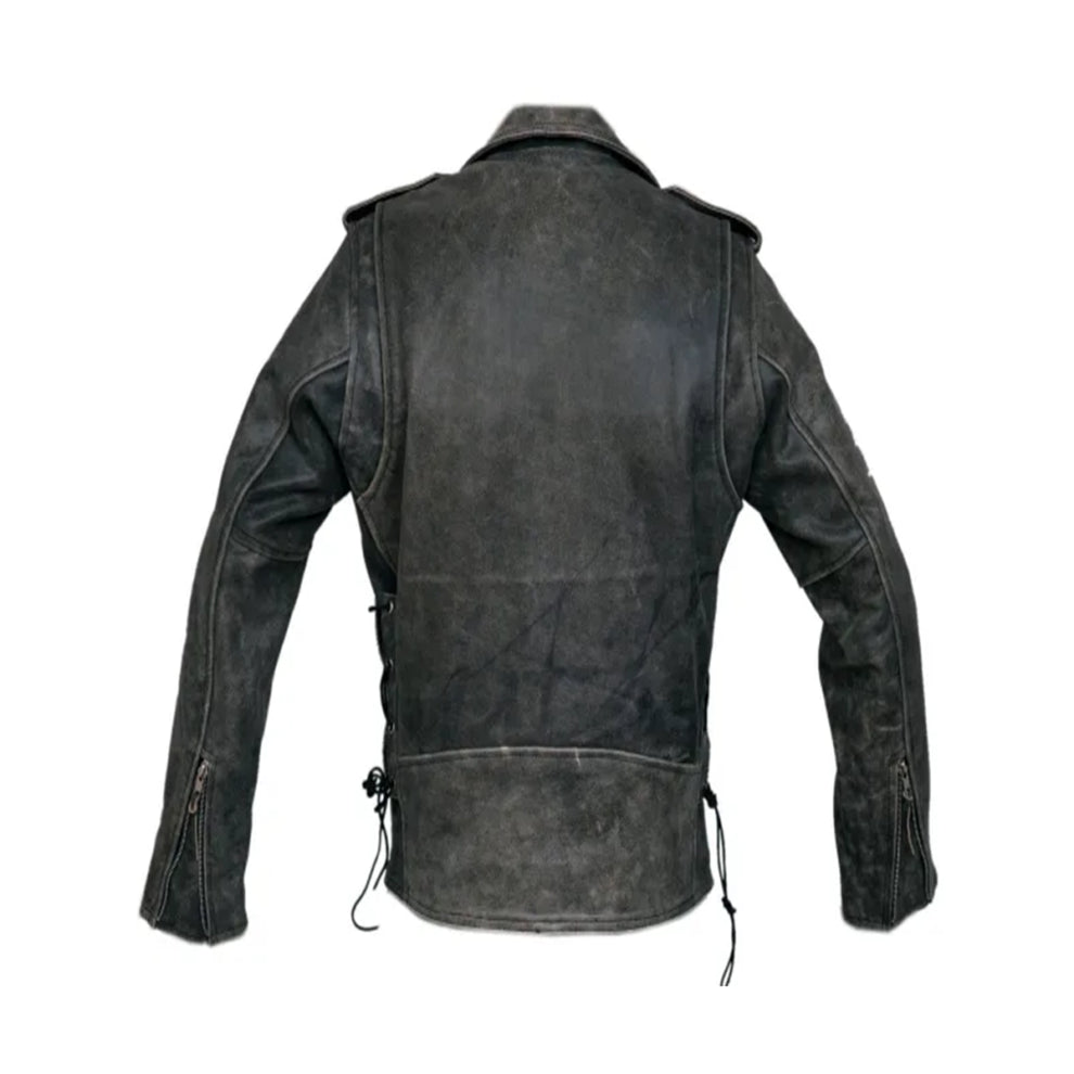 Distressed Leather Belted Biker Jacket