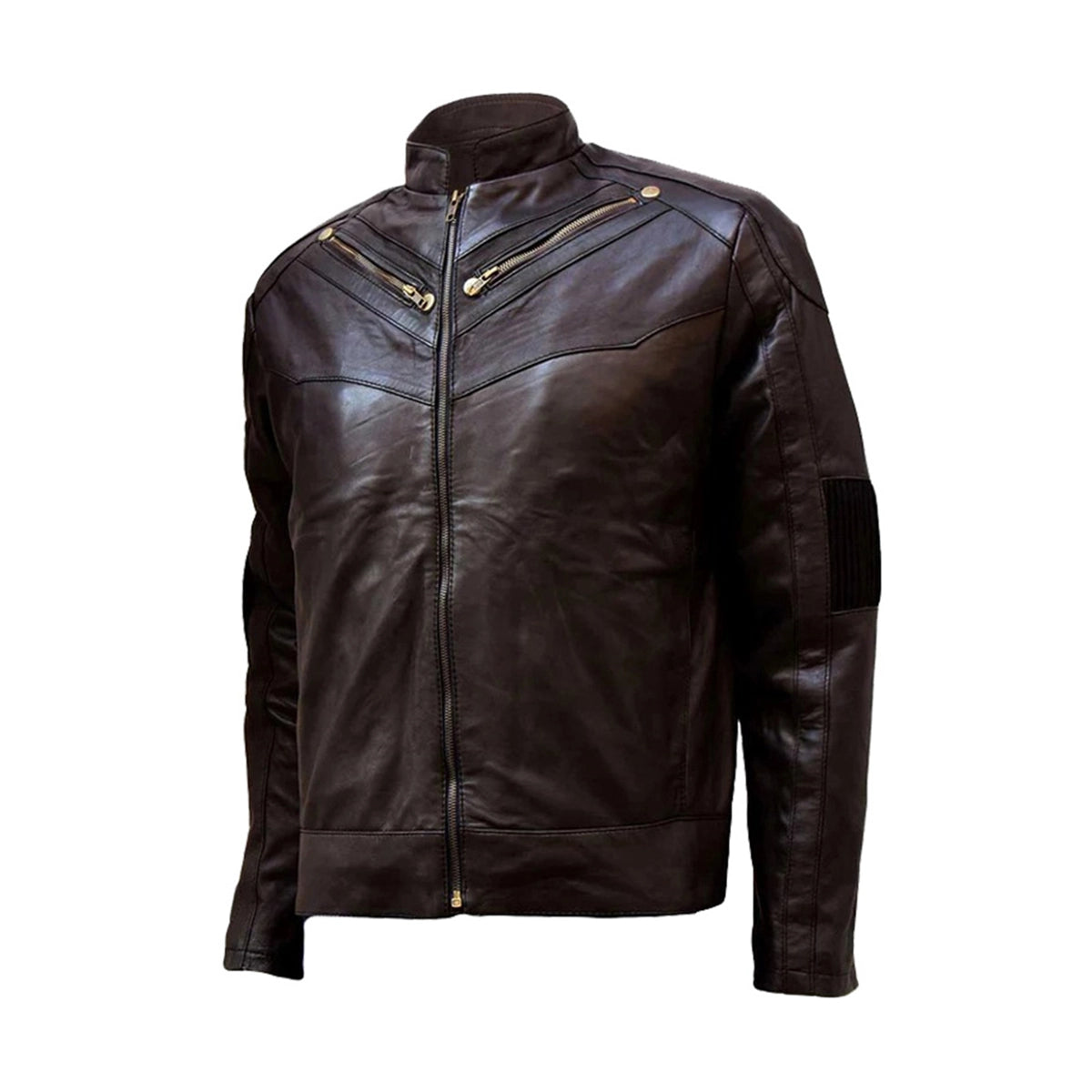 Gold Zipper Brown Leather Jacket