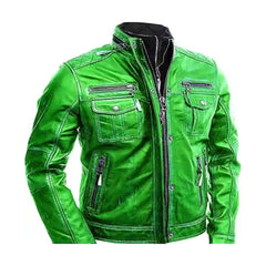 Green Cafe Racer Biker Genuine Leather Jacket