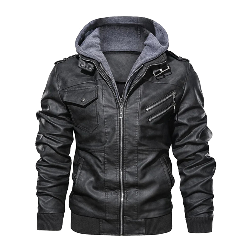 Grey Hood Bomber Style Leather Jacket