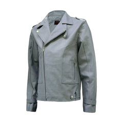 Biker Grey Lapel Style Genuine Leather Jacket