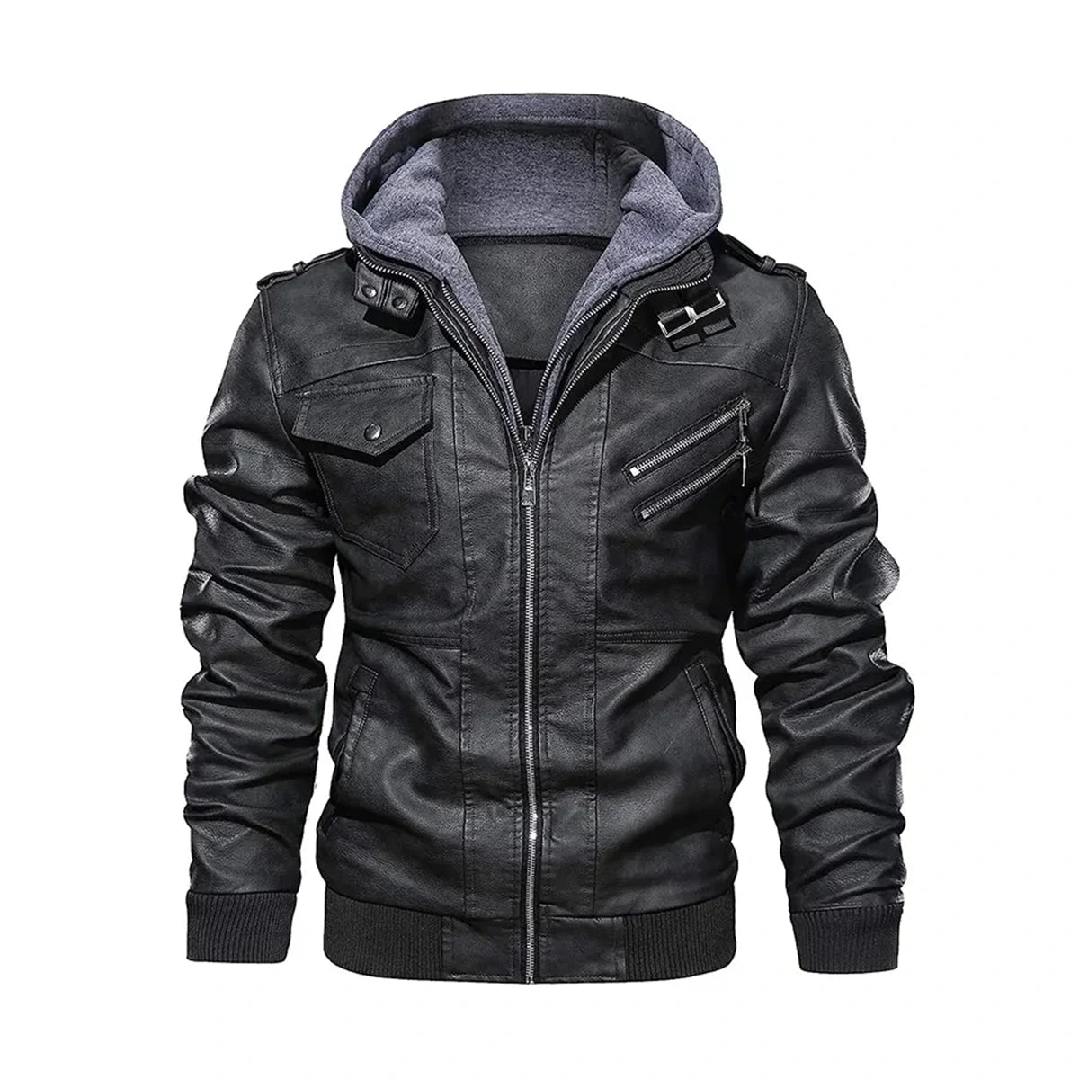 Black Real Leather Jacket with Removable Hood