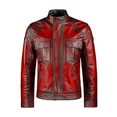 Red Biker Cafe Racer Genuine Leather Jacket