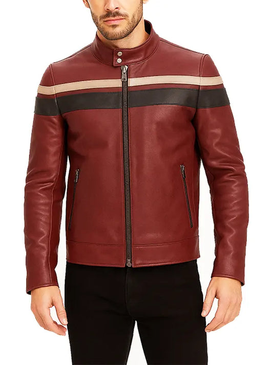 Mens Maroon Cafe Racer Leather Jacket with Stripes