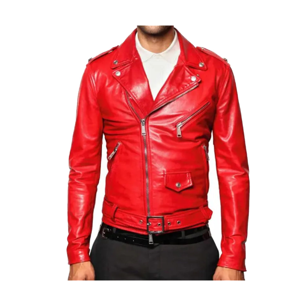 Motorcycle Belted Asymmetrical Red Leather Jacket