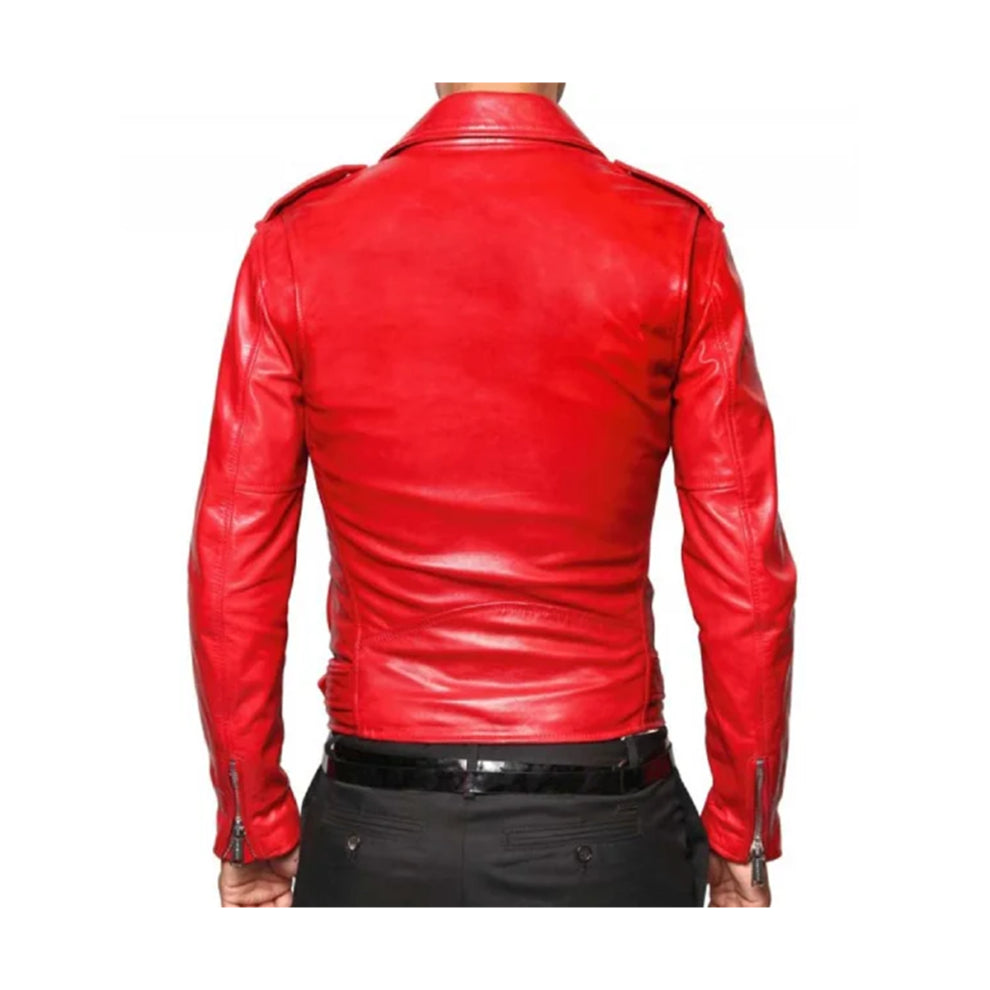 Motorcycle Belted Asymmetrical Red Leather Jacket