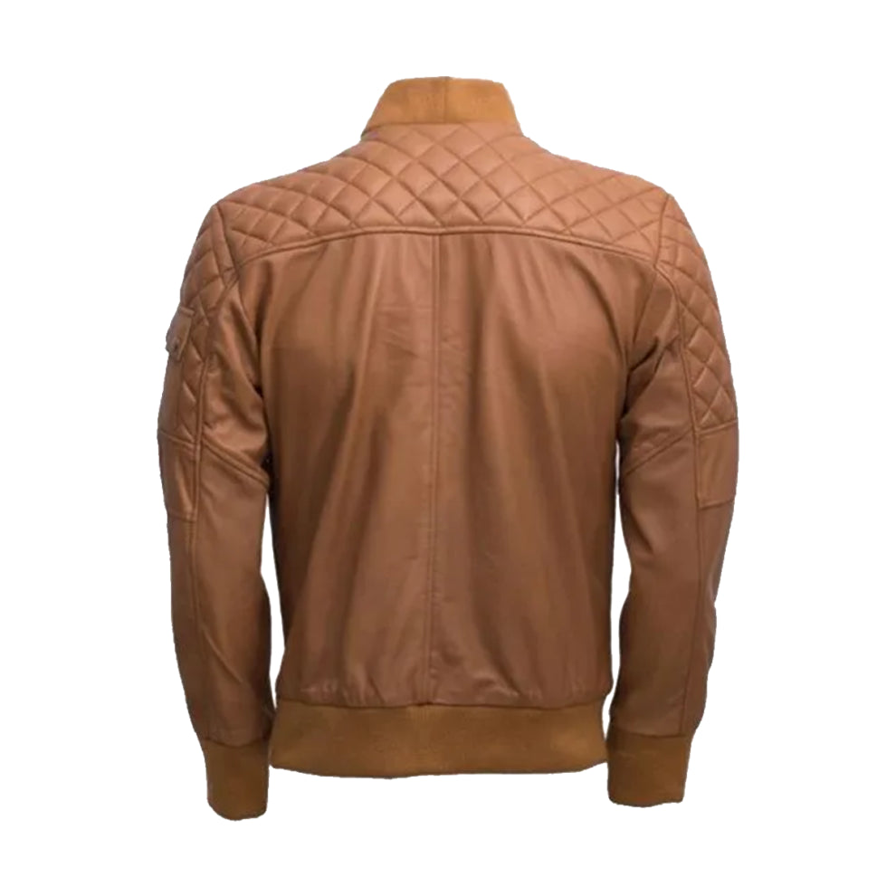 Tan Brown Quilted Bomber Leather Jacket