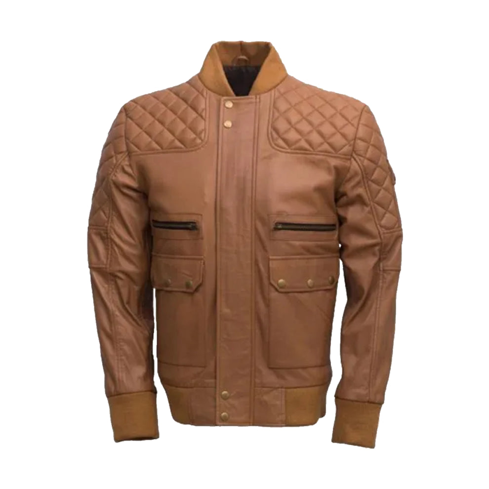 Tan Brown Quilted Bomber Leather Jacket