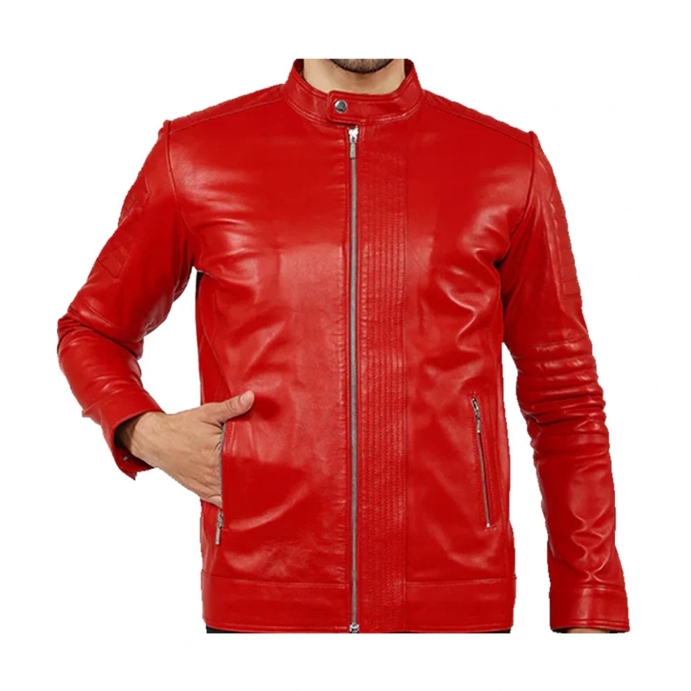 Red Biker Motorcycle Cafe Racer Premium Quality Leather Jacket