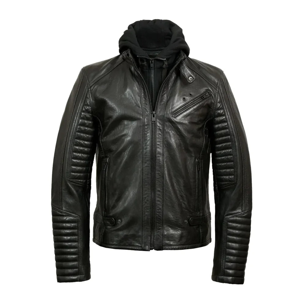 Black Hooded Bold Lined Biker Leather Jacket