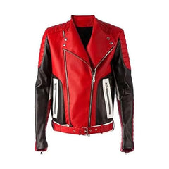 Red and Black Biker Quilted Leather Jacket