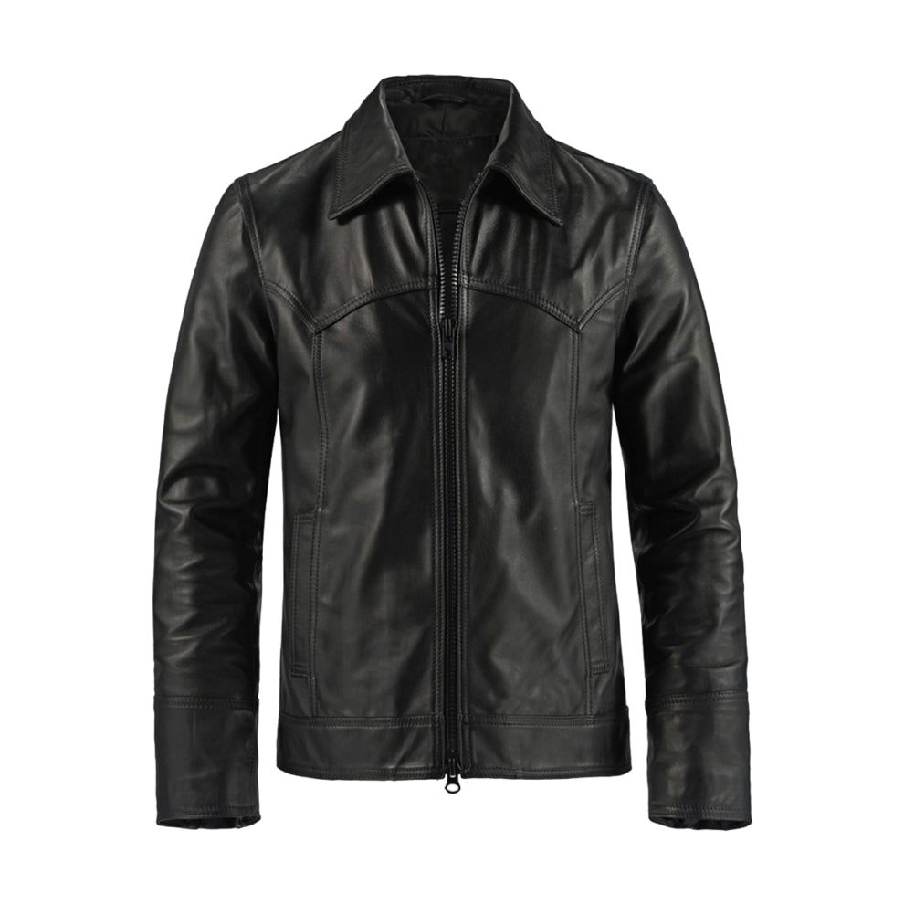 Black Shirt Style Bold Lined Genuine Leather Jacket