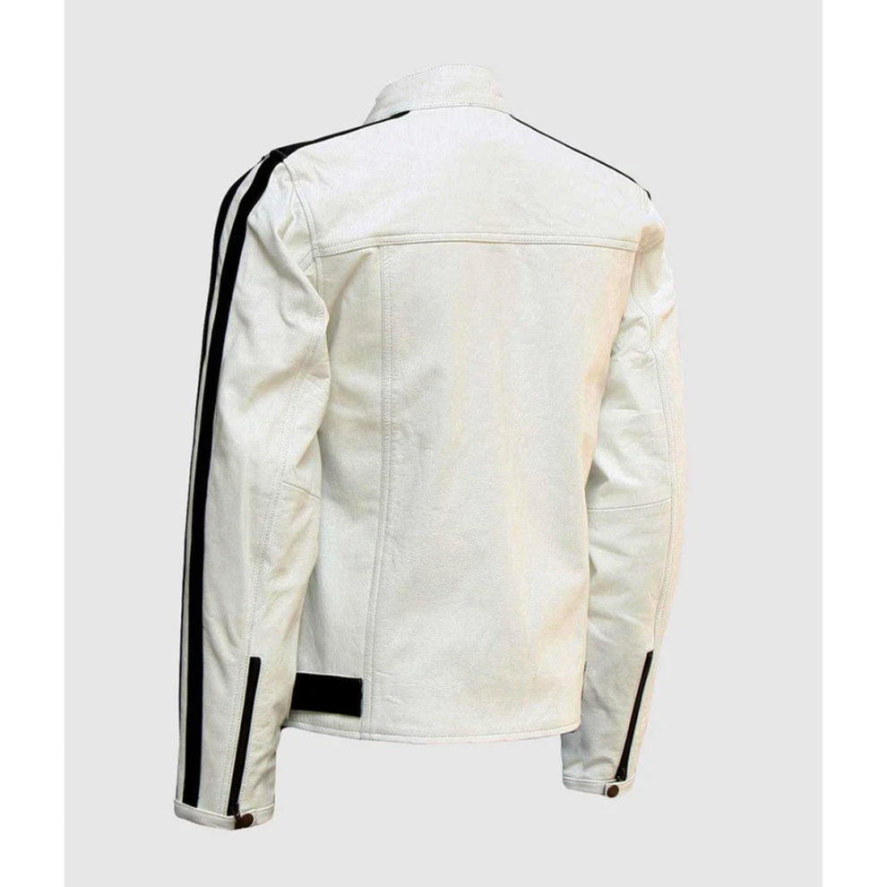 White Stripes Biker Genuine Leather Jacket