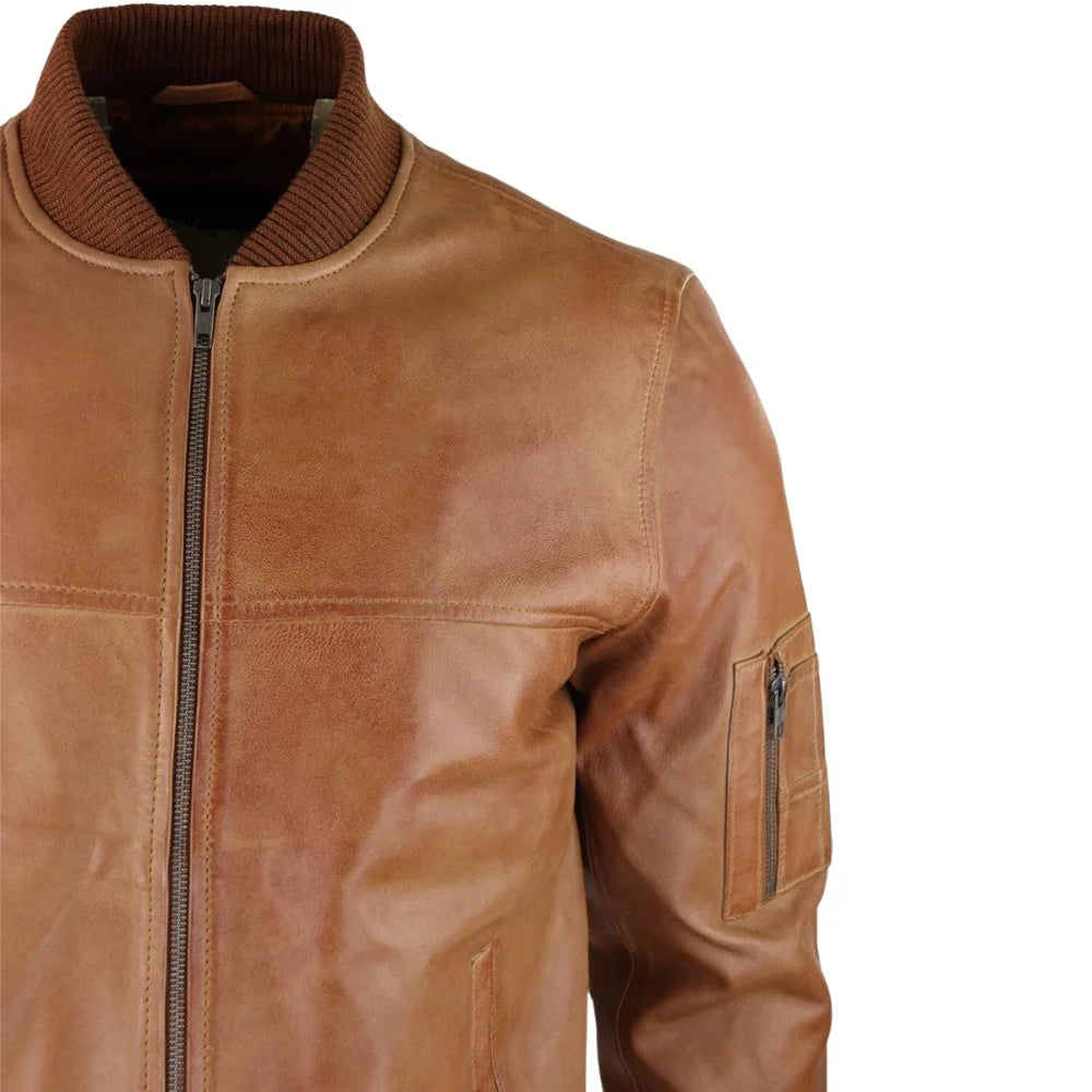 Tan Waxed Bomber Leather Jacket