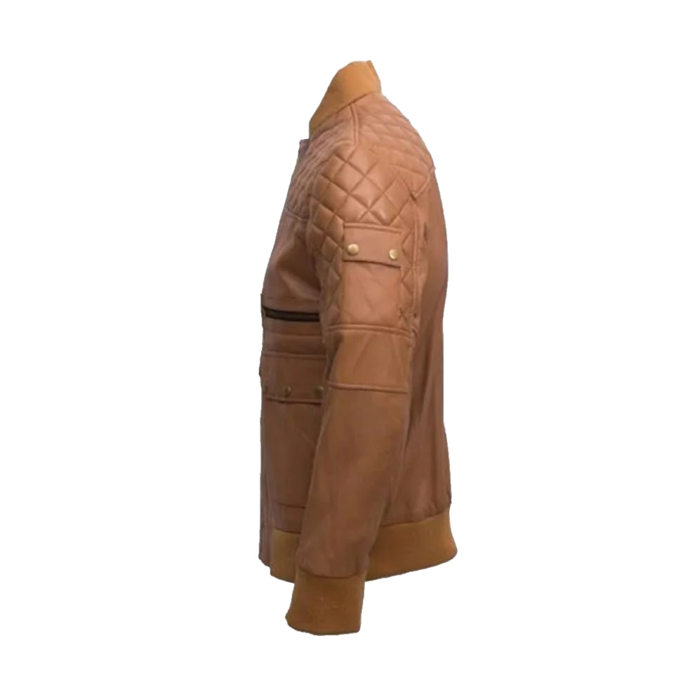 Tan Brown Quilted Bomber Leather Jacket