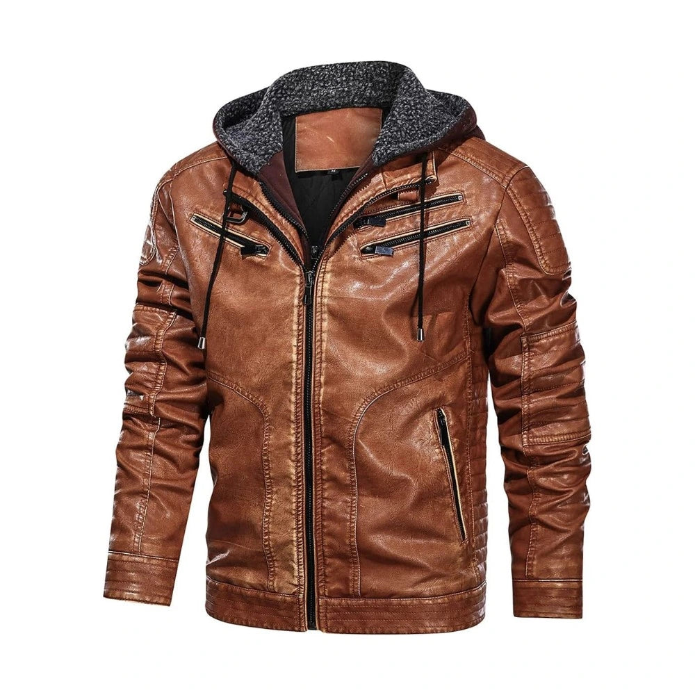 Tan Bomber Hooded Leather Jacket