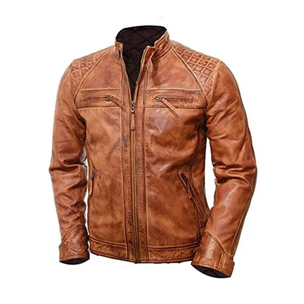 Tan Brown Quilted Biker Leather Jacket