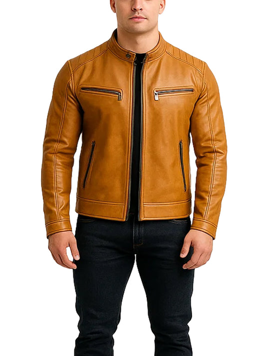 Mens Tan Brown Moto Leather Jacket
