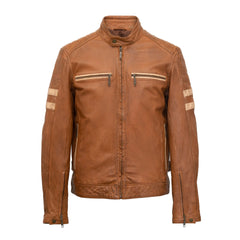 Tan Brown Stripes Biker Leather Jacket