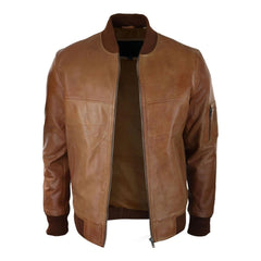 Tan Waxed Bomber Leather Jacket