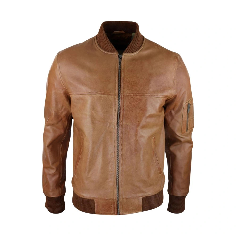 Tan Waxed Bomber Leather Jacket