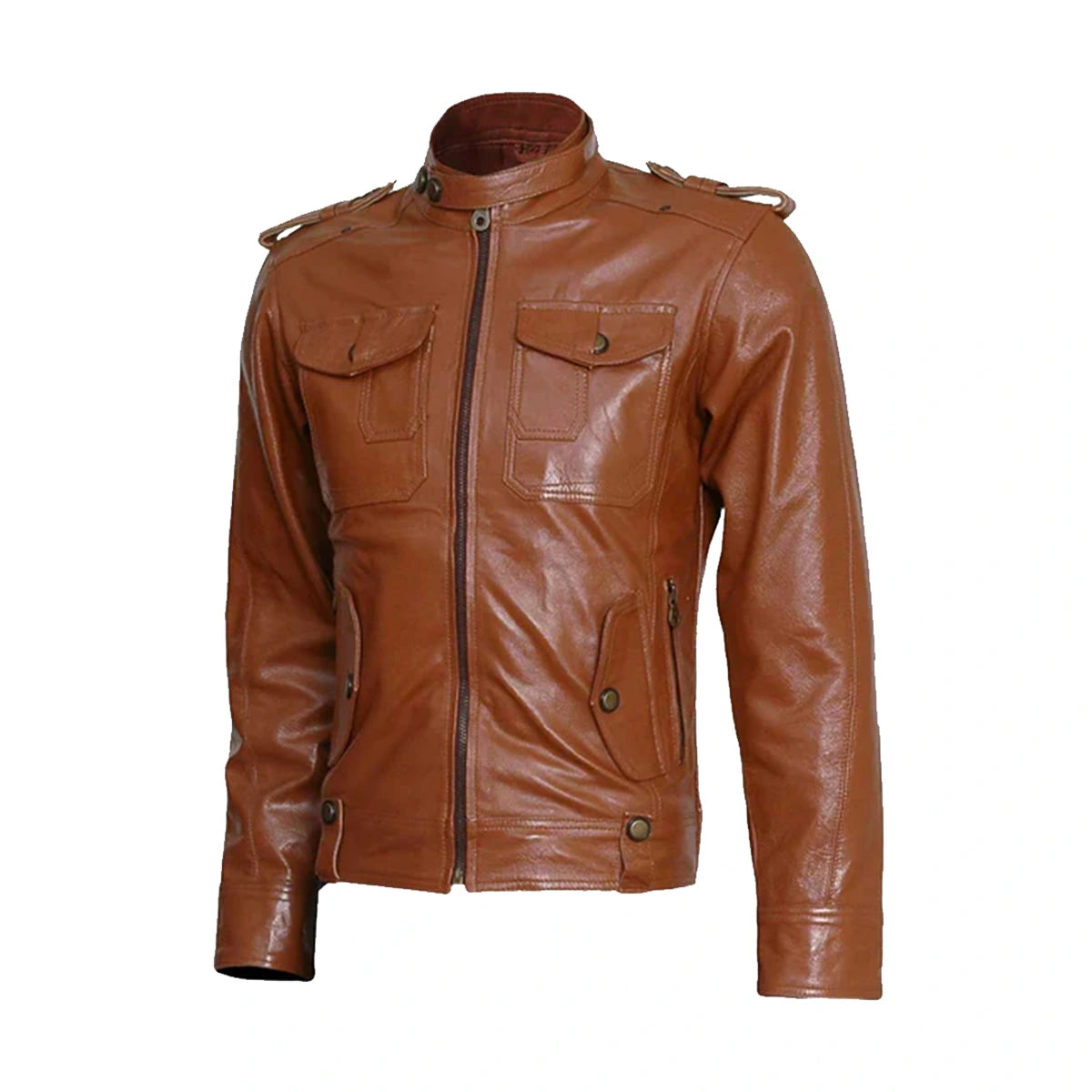 Two Pocket Tan Brown Biker Leather Jacket