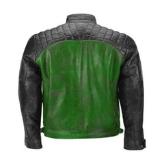 Green and Black Quilted Biker Leather Jacket