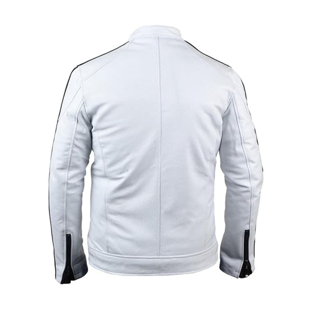 White Sleeve Stripes Biker Leather Jacket