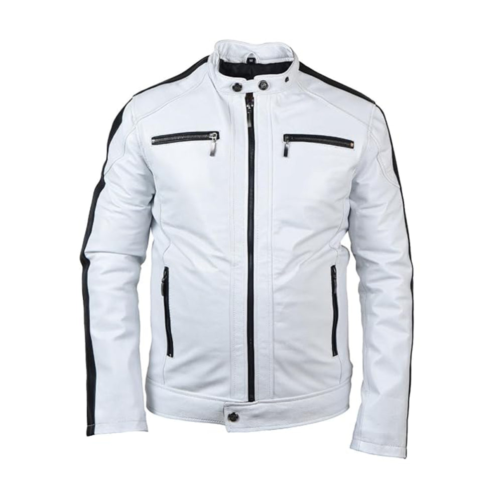 White Sleeve Stripes Biker Leather Jacket