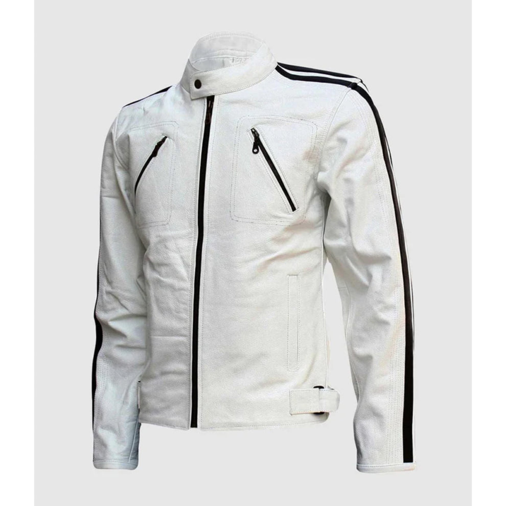 White Stripes Biker Genuine Leather Jacket