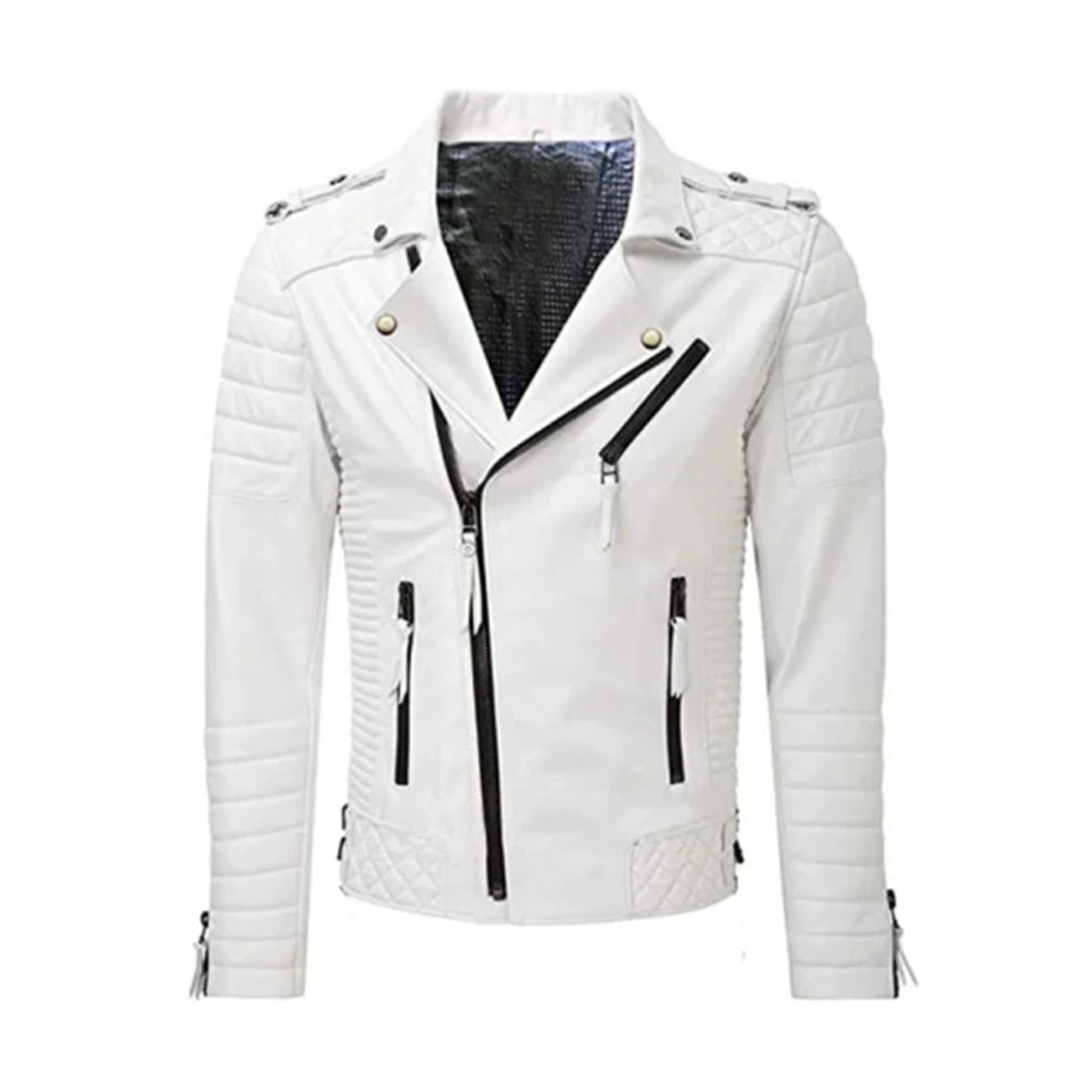 White Biker Style Quilted Leather Jacket