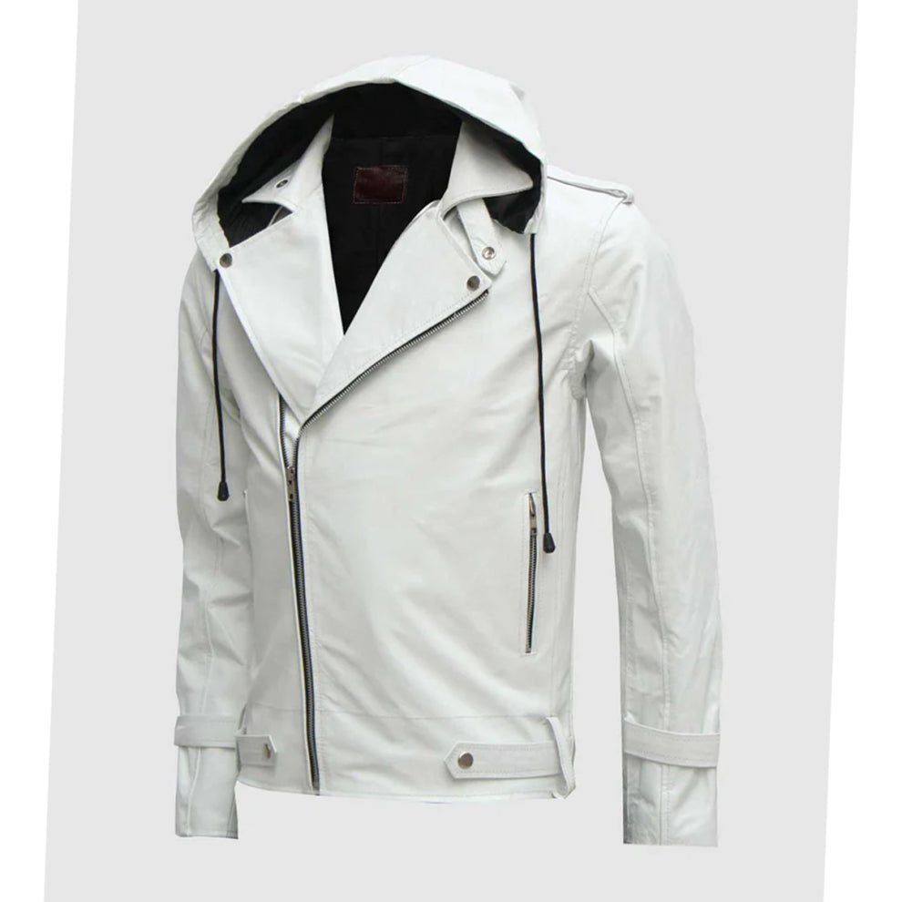 White Hooded Style Biker Leather Jacket