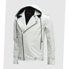 White Hooded Style Biker Leather Jacket