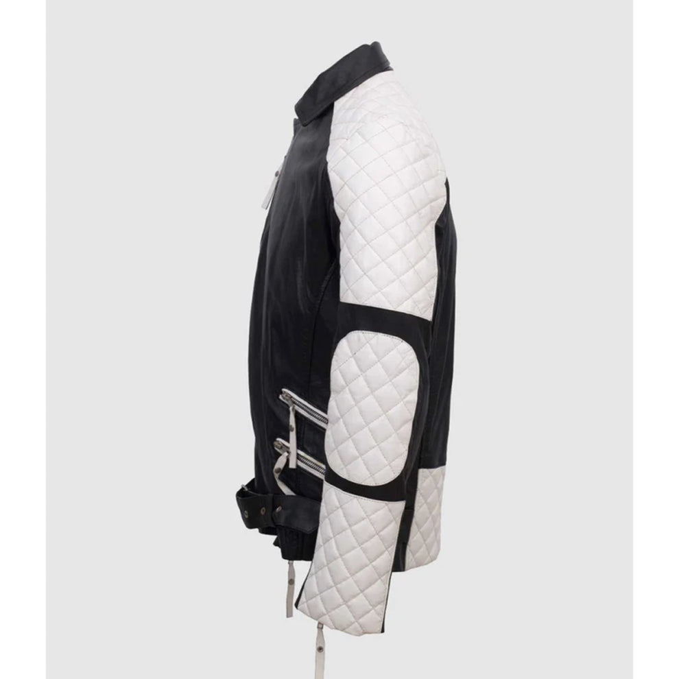 White and Black Biker Genuine Leather Jacket