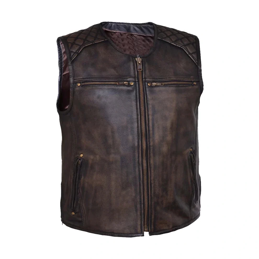 Woodland Brown Biker Quilted Genuine Leather Vest