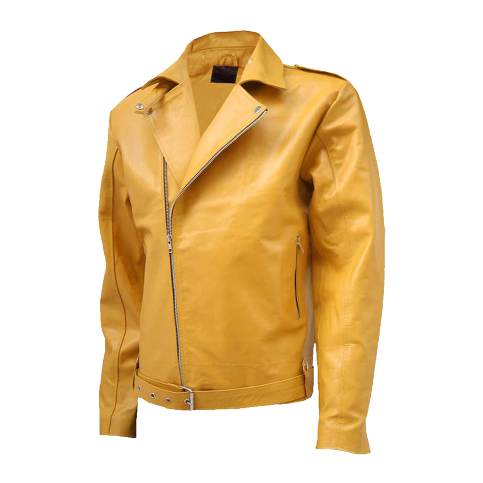 Yellow Lapel Biker Style Leather Jacket