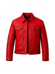Mens Red Leather Trucker Jacket