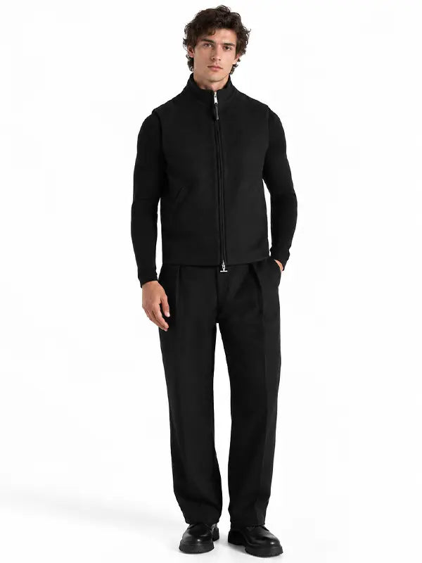 Men's Black Herringbone Wool-Blend Zip Gilet