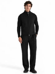 Men's Black Herringbone Wool-Blend Zip Gilet