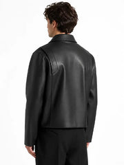 Back view of men's black real leather jacket with smooth leather texture and structured shoulder panel detailing.