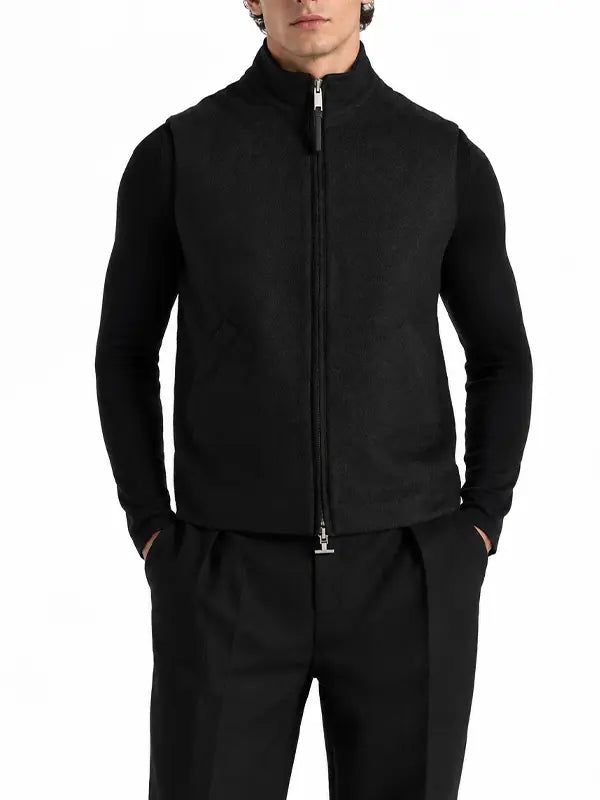 Men's Black Herringbone Wool-Blend Zip Gilet