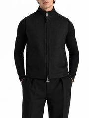 Men's Black Herringbone Wool-Blend Zip Gilet